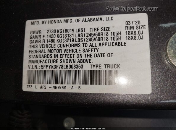 5FPYK3F78LB008363 2020 HONDA RIDGELINE Gray ძრავის განყოფილების ხედი