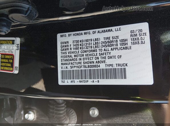 5FPYK3F78LB009934 2020 HONDA RIDGELINE Black ძრავის განყოფილების ხედი