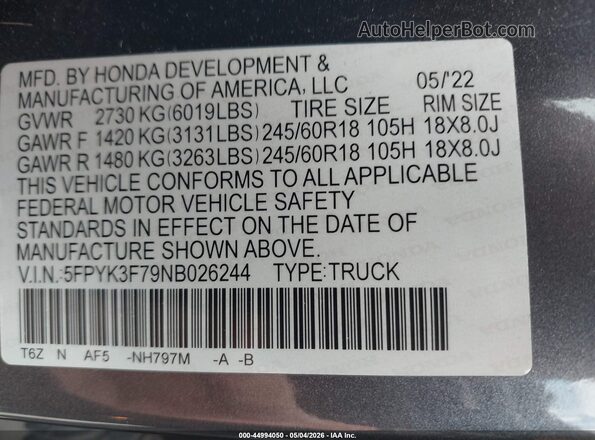 5FPYK3F79NB026244 2022 HONDA RIDGELINE Gray Widok komory silnika
