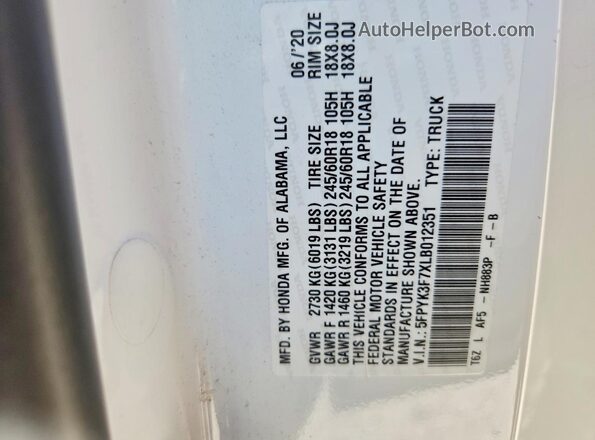 5FPYK3F7XLB012351 2020 HONDA RIDGELINE White Вид підкапотного простору