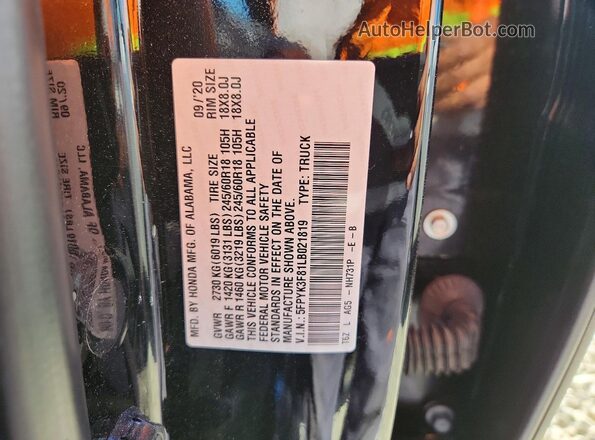 5FPYK3F81LB021819 2020 HONDA RIDGELINE Черный Вид наклейки с VIN-кодом