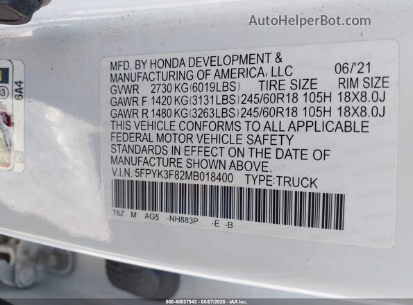 5FPYK3F82MB018400 2021 HONDA RIDGELINE Белый Вид подкапотного пространства