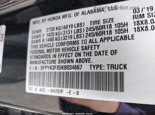 5FPYK3F85KB034667 2019 HONDA RIDGELINE Black Շարժիչի բաժամունքի տեսք