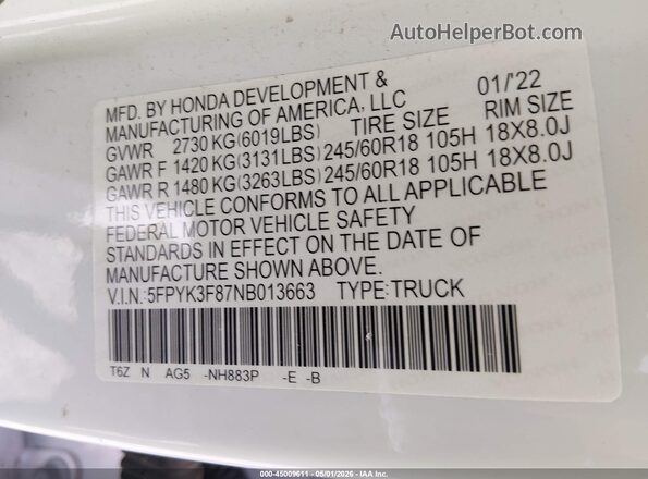 5FPYK3F87NB013663 2022 HONDA RIDGELINE Белый Вид подкапотного пространства