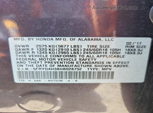 5FRYD4H38HB028752 2017 ACURA MDX Gray Widok naklejki z numerem VIN