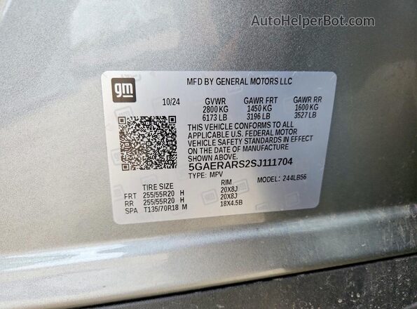 5GAERARS2SJ111704 2025 BUICK ENCLAVE Silver Вид наклейки з VIN-кодом