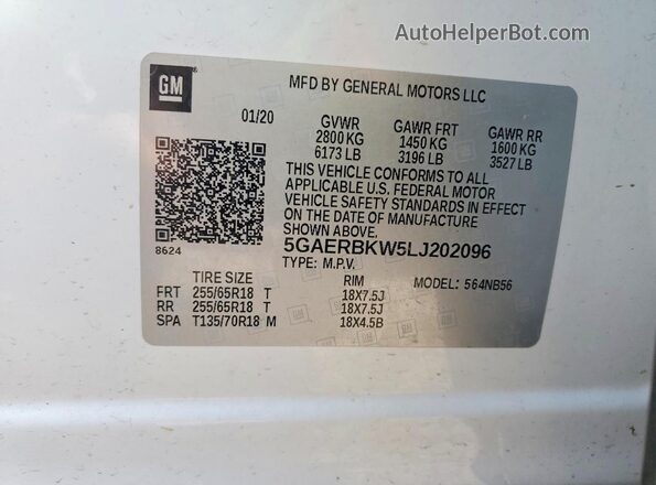 5GAERBKW5LJ202096 2020 BUICK ENCLAVE White VIN կոդի պիտակի տեսք