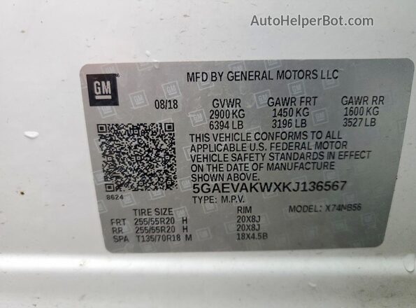 5GAEVAKWXKJ136567 2019 BUICK ENCLAVE Белый Вид наклейки с VIN-кодом