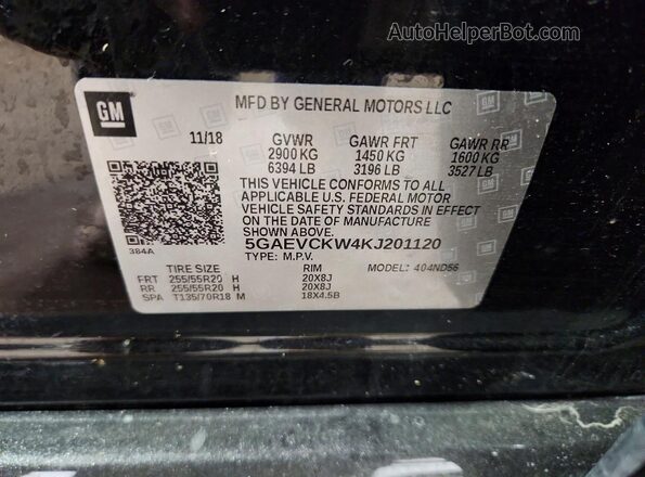 5GAEVCKW4KJ201120 2019 BUICK ENCLAVE Черный Вид наклейки с VIN-кодом