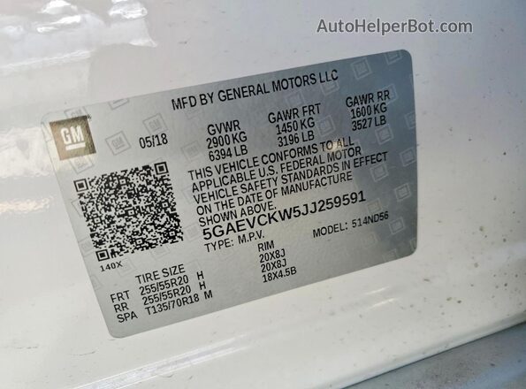 5GAEVCKW5JJ259591 2018 BUICK ENCLAVE White Widok naklejki z numerem VIN