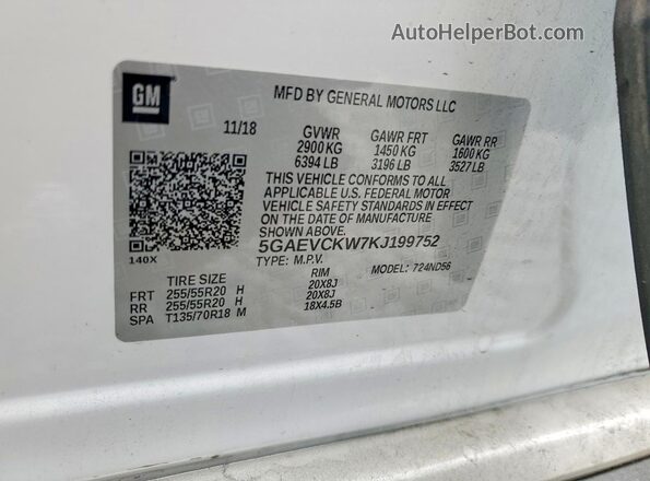 5GAEVCKW7KJ199752 2019 BUICK ENCLAVE Black Вид наклейки з VIN-кодом