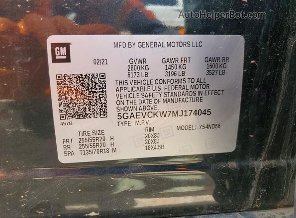 5GAEVCKW7MJ174045 2021 BUICK ENCLAVE Blue Вид наклейки з VIN-кодом