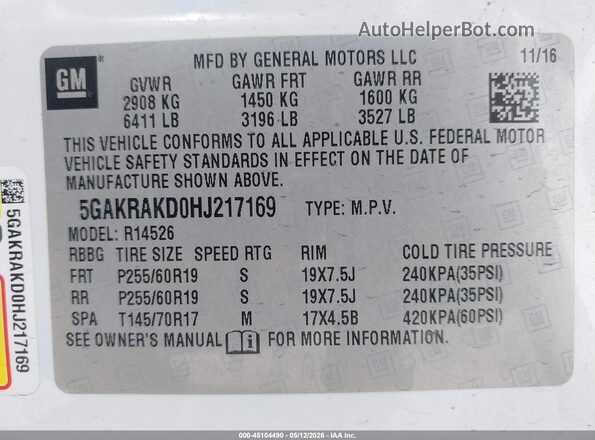 5GAKRAKD0HJ217169 2017 BUICK ENCLAVE Белый Вид подкапотного пространства