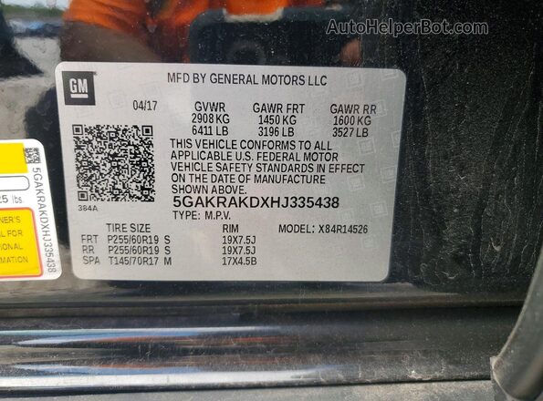 5GAKRAKDXHJ335438 2017 BUICK ENCLAVE Черный Вид наклейки с VIN-кодом