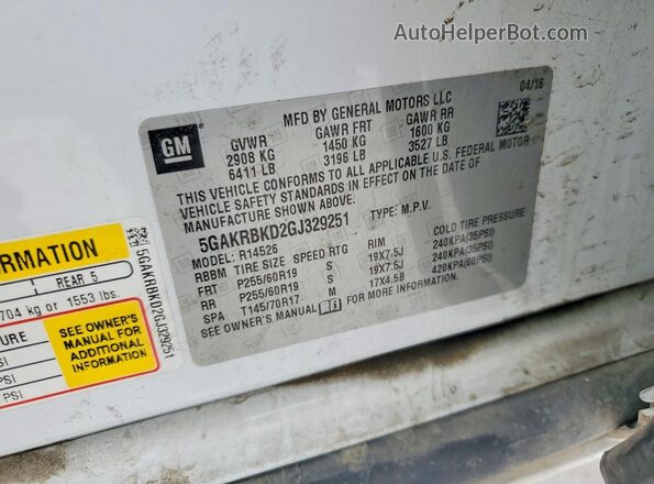 5GAKRBKD2GJ329251 2016 BUICK ENCLAVE Белый Панорамный вид салона 360°
