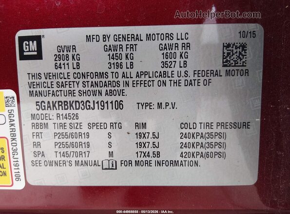 5GAKRBKD3GJ191106 2016 BUICK ENCLAVE Burgundy Вид підкапотного простору