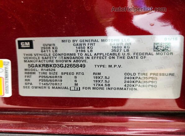 5GAKRBKD3GJ265849 2016 BUICK ENCLAVE Темно-бордовый Панорамный вид салона 360°