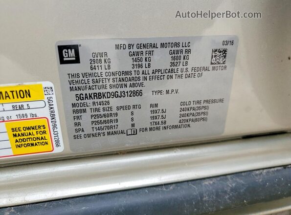 5GAKRBKD9GJ312866 2016 BUICK ENCLAVE Золотой Вид наклейки с VIN-кодом