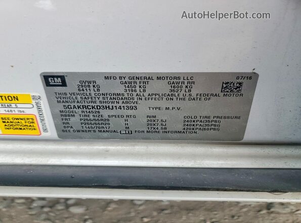 5GAKRCKD3HJ141393 2017 BUICK ENCLAVE Белый Вид наклейки с VIN-кодом