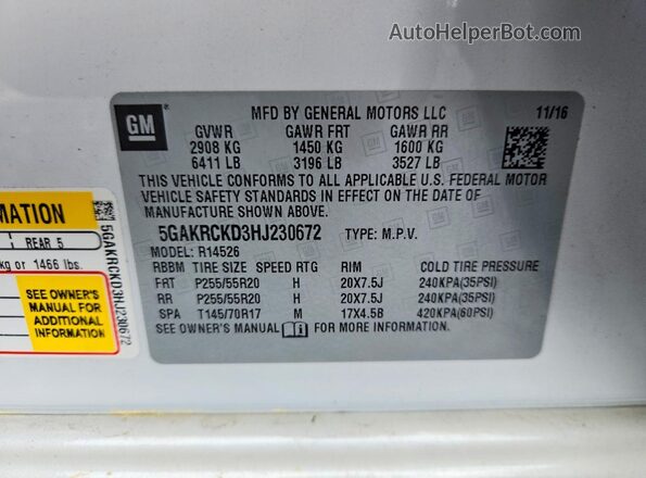 5GAKRCKD3HJ230672 2017 BUICK ENCLAVE Белый Вид наклейки с VIN-кодом