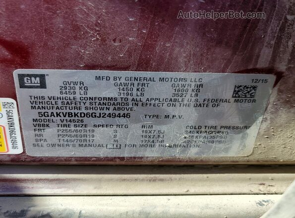 5GAKVBKD6GJ249446 2016 BUICK ENCLAVE Бордовый Панорамный вид салона 360°