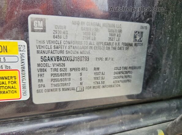 5GAKVBKDXGJ180793 2016 BUICK ENCLAVE Yellow VIN sticker view