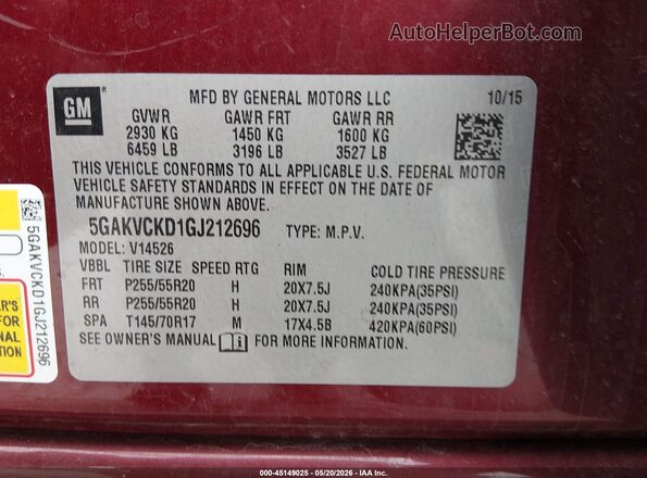 5GAKVCKD1GJ212696 2016 BUICK ENCLAVE Красный Вид подкапотного пространства