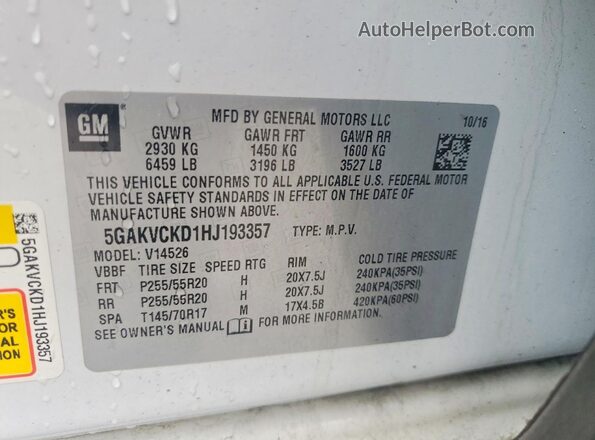 5GAKVCKD1HJ193357 2017 BUICK ENCLAVE Белый Вид наклейки с VIN-кодом