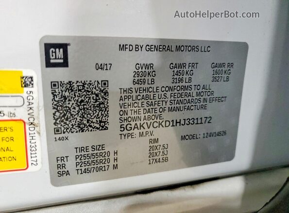 5GAKVCKD1HJ331172 2017 BUICK ENCLAVE Белый Панорамный вид салона 360°