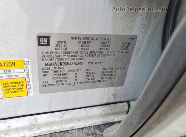 5GAKVCKD3HJ270343 2017 BUICK ENCLAVE White Widok naklejki z numerem VIN