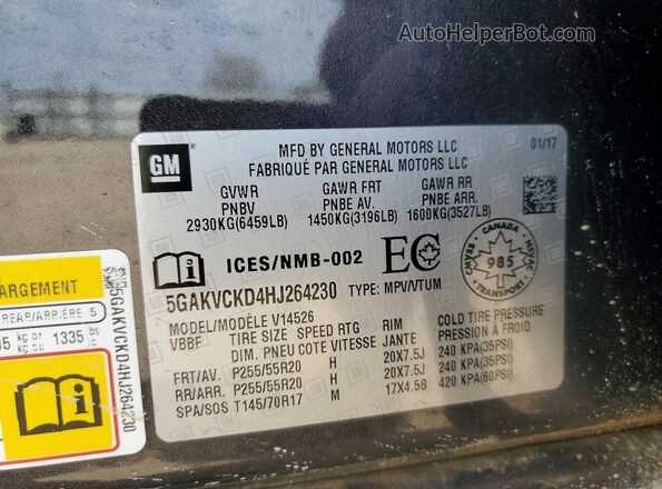 5GAKVCKD4HJ264230 2017 BUICK ENCLAVE Black Widok naklejki z numerem VIN