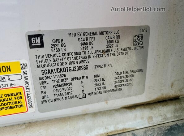 5GAKVCKD7GJ206935 2016 BUICK ENCLAVE Белый Вид наклейки с VIN-кодом