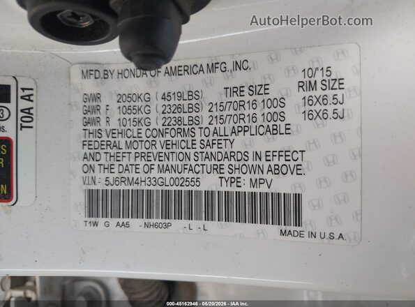 5J6RM4H33GL002555 2016 HONDA CR-V White Engine compartment view