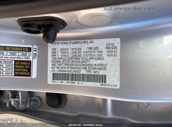 5J6RM4H35GL062627 2016 HONDA CR-V Серебряный Вид подкапотного пространства