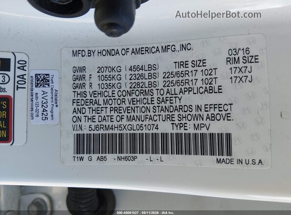 5J6RM4H5XGL051074 2016 HONDA CR-V Белый Вид подкапотного пространства