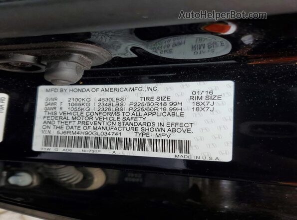 5J6RM4H90GL034741 2016 HONDA CR-V Черный Вид наклейки с VIN-кодом