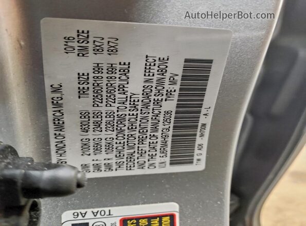 5J6RM4H97GL125036 2016 HONDA CR-V Silver VIN კოდის სტიკერის ხედი