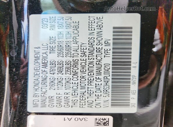 5J6RS3H40PL004210 2023 HONDA CR-V Черный Вид наклейки с VIN-кодом
