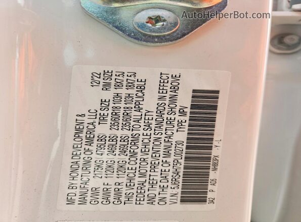 5J6RS4H75PL002730 2023 HONDA CR-V White Widok naklejki z numerem VIN