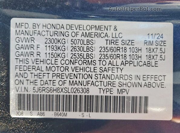 5J6RS6H8XSL026308 2025 HONDA CR-V Blue Widok naklejki z numerem VIN