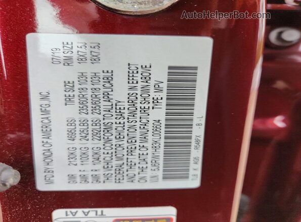 5J6RW1H83KL006604 2019 HONDA CR-V Burgundy Вид підкапотного простору