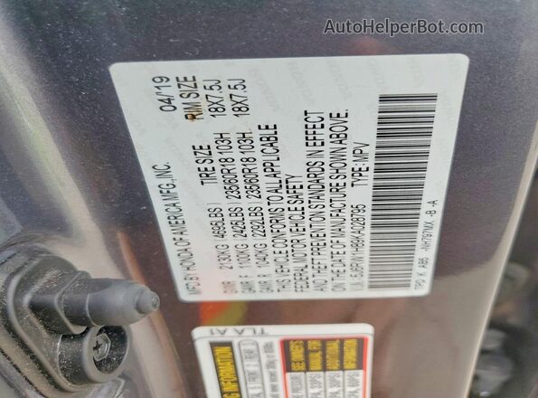 5J6RW1H89KA028795 2019 HONDA CR-V Gray Панорамний вид салону 360°