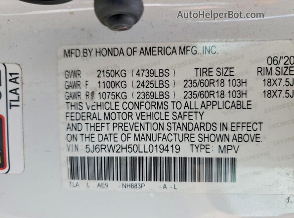 5J6RW2H50LL019419 2020 HONDA CR-V White VIN կոդի պիտակի տեսք