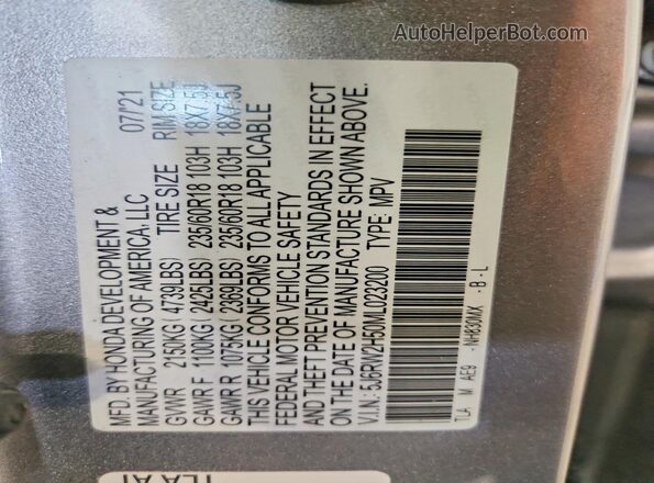 5J6RW2H50ML023200 2021 HONDA CR-V Silver Widok naklejki z numerem VIN