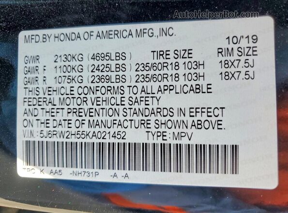 5J6RW2H55KA021452 2019 HONDA CR-V Black VIN կոդի պիտակի տեսք