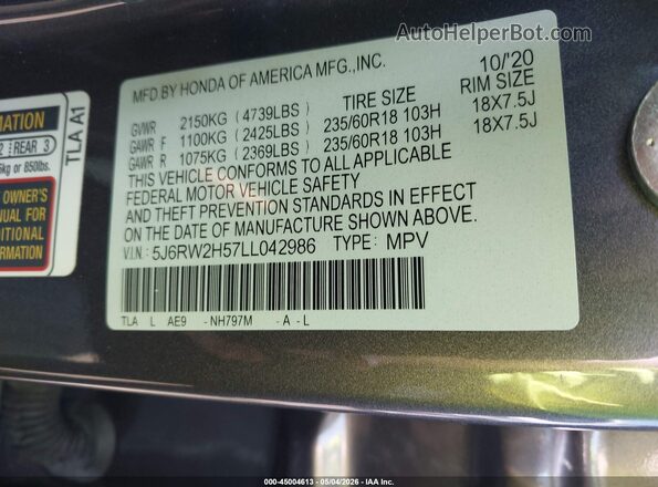 5J6RW2H57LL042986 2020 HONDA CR-V Серый Вид подкапотного пространства