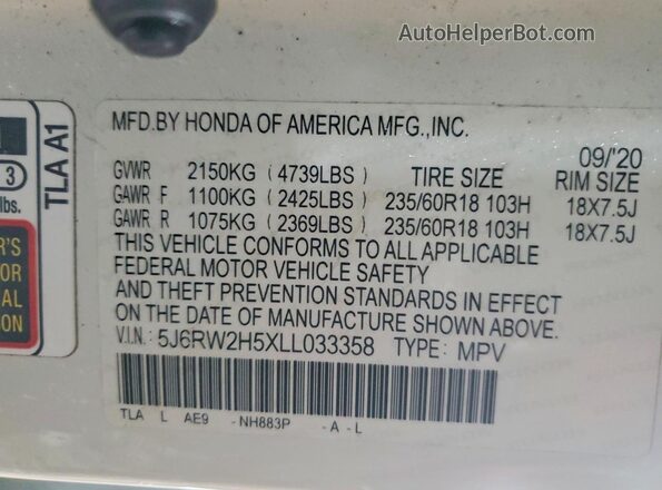 5J6RW2H5XLL033358 2020 HONDA CR-V White Շարժիչի բաժամունքի տեսք
