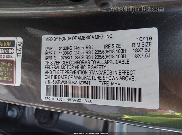 5J6RW2H80KA020641 2019 HONDA CR-V Серый Вид подкапотного пространства
