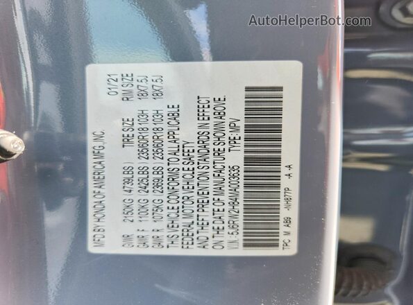 5J6RW2H84MA003635 2021 HONDA CR-V Синий Вид наклейки с VIN-кодом
