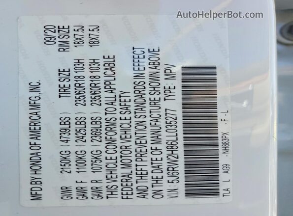 5J6RW2H86LL035277 2020 HONDA CR-V White Vista de la etiqueta del VIN